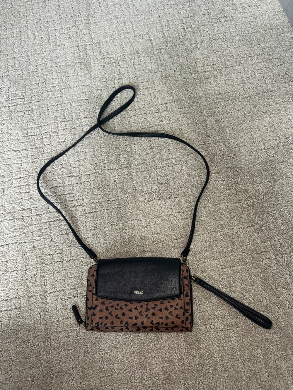 Relic Brown Crossbody with Black Flap and Heart Print